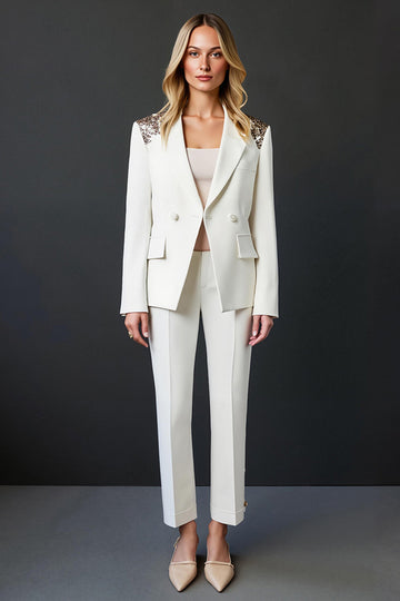 Costume de bal 2 pièces à revers châle blanc scintillant avec boutons